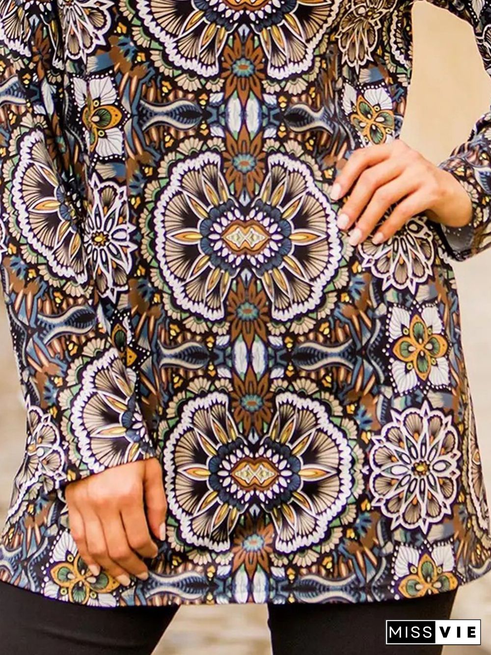 Tribal Printed Long Sleeves Notched Plus Size Casual Tunic Tops