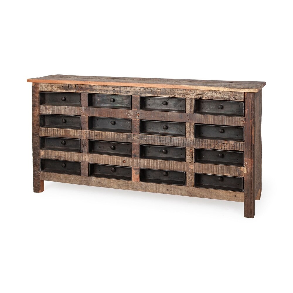 Wilton I Medium Brown Reclaimed Wood   Metal 16 Drawer Sideboard   63.0L x 16.0W x 32.0H