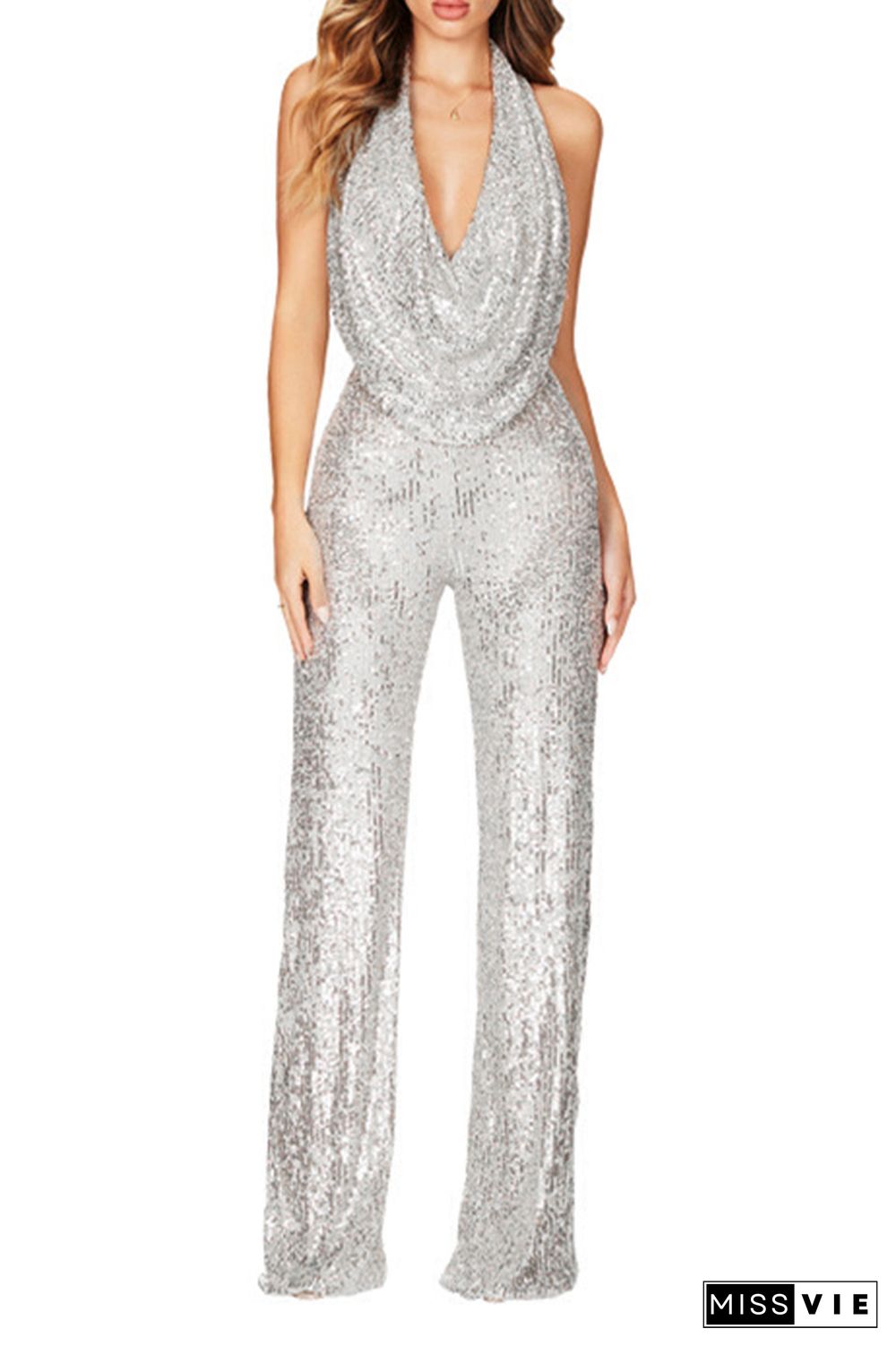 Sleeveless Halter Sequin Glitter One Piece Jumpsuit