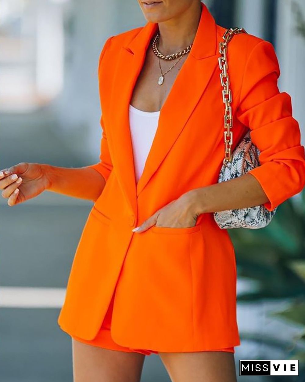 Plain Long Sleeve Blazer Coat & Shorts Set