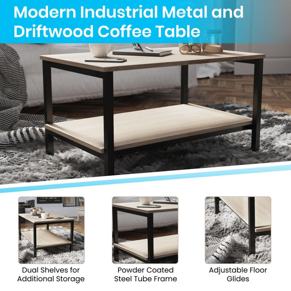 Finley Modern Industrial 2 Tier Rectangular Metal and Driftwood Coffee Table   Transitional   Coffee Tables   by BisonOffice  Houzz