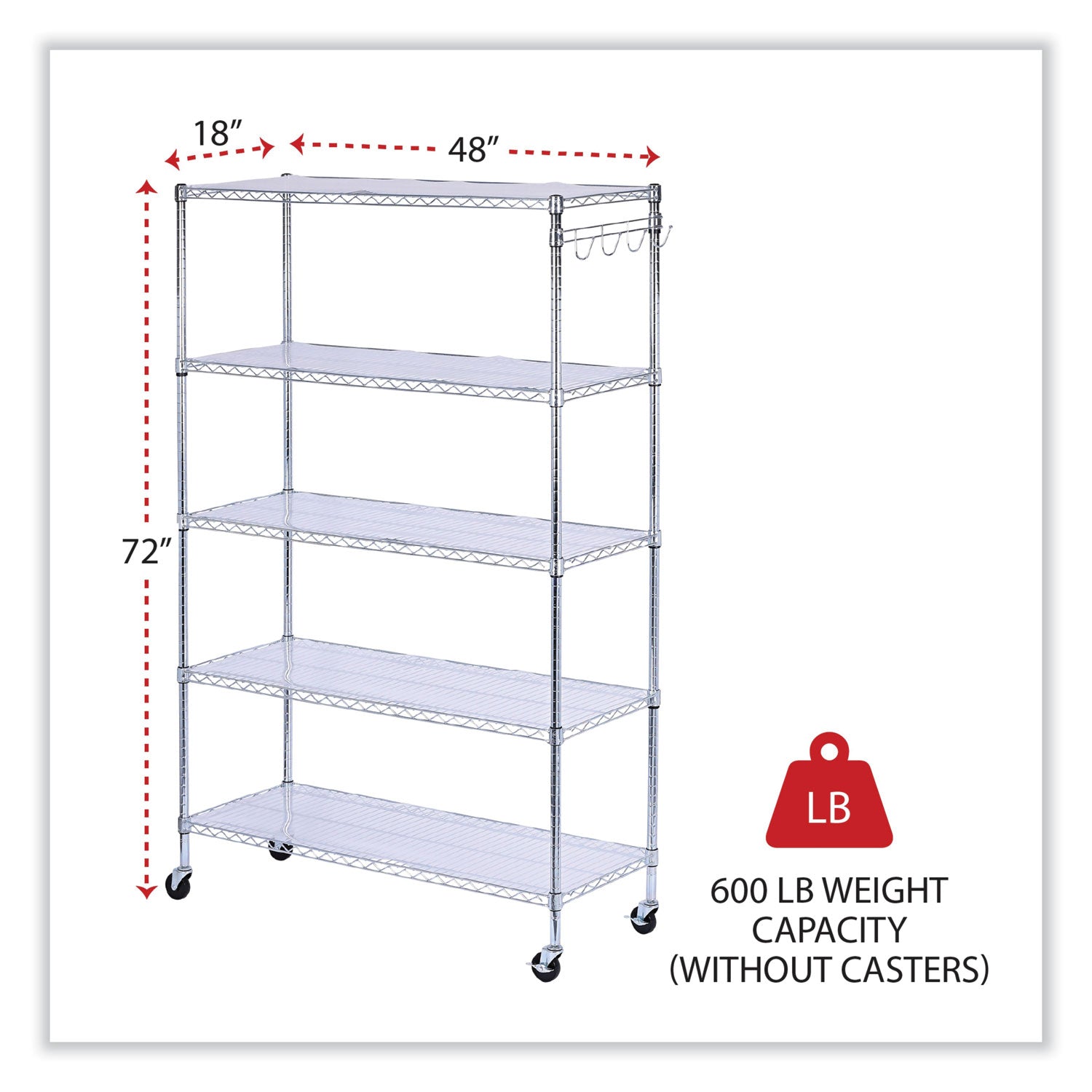 Alera 5-Shelf Wire Shelving Kit with Casters and Shelf Liners, 48w x 18d x 72h, Silver