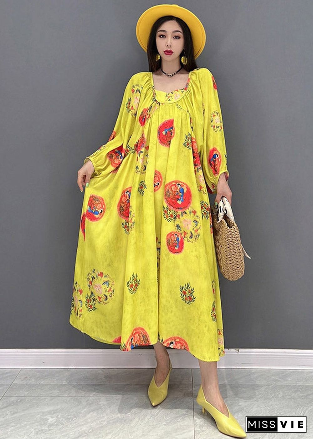 Vogue Yellow O-Neck Print Chiffon Dresses Long Sleeve