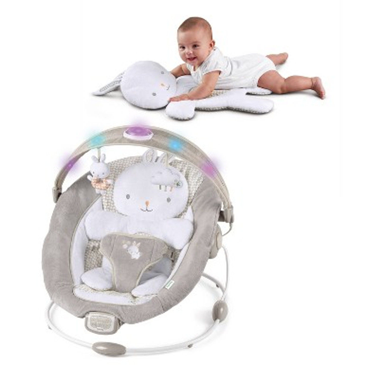 Ingenuity InLighten Baby Bouncer Seat， Light Up Toy Bar， Bunny Tummy Time Pillow Mat - Twinkle Tails