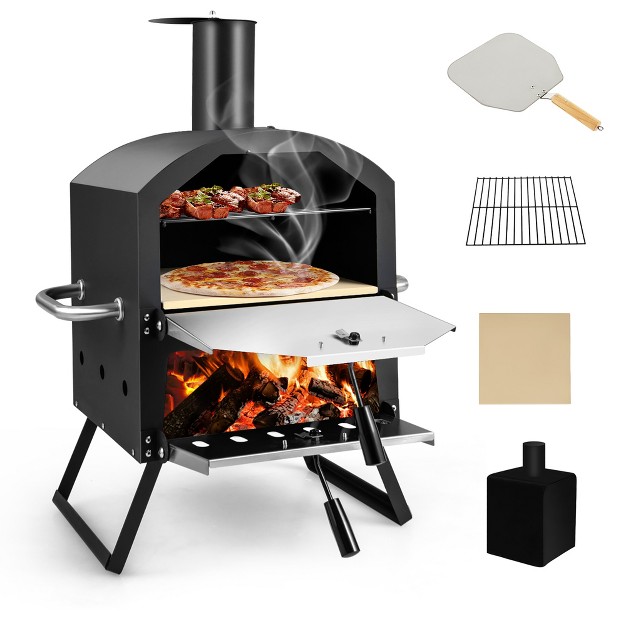 Costway 2 layer Pizza Oven Wood Fired Pizza Grill Outside Pizza Maker With Waterproof Cover