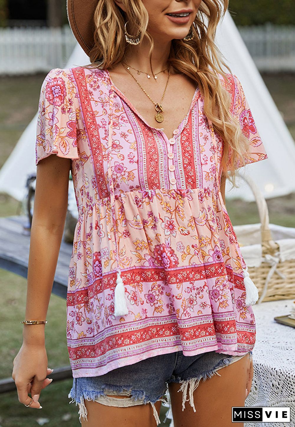 Tie V Neck Peplum Boho Blouse