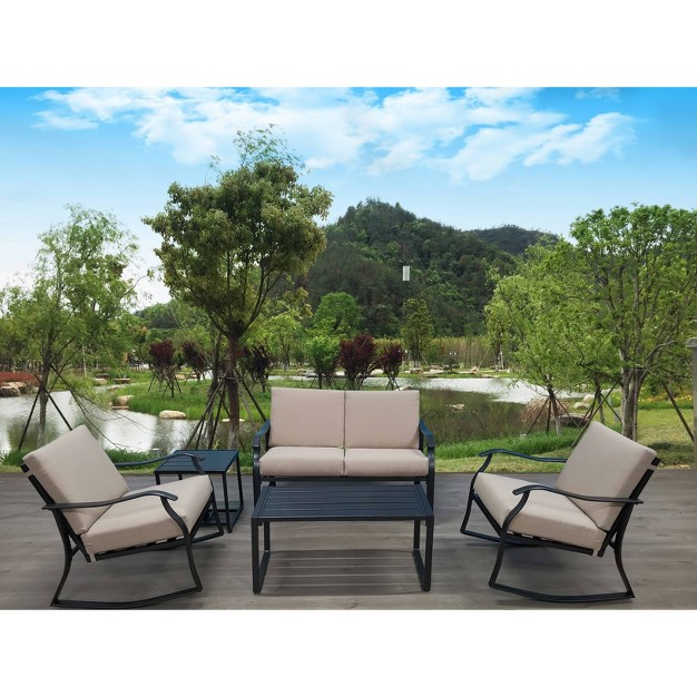 5pc Metal Rectangular Outdoor Bistro Set With Cushions Black beige Godeer