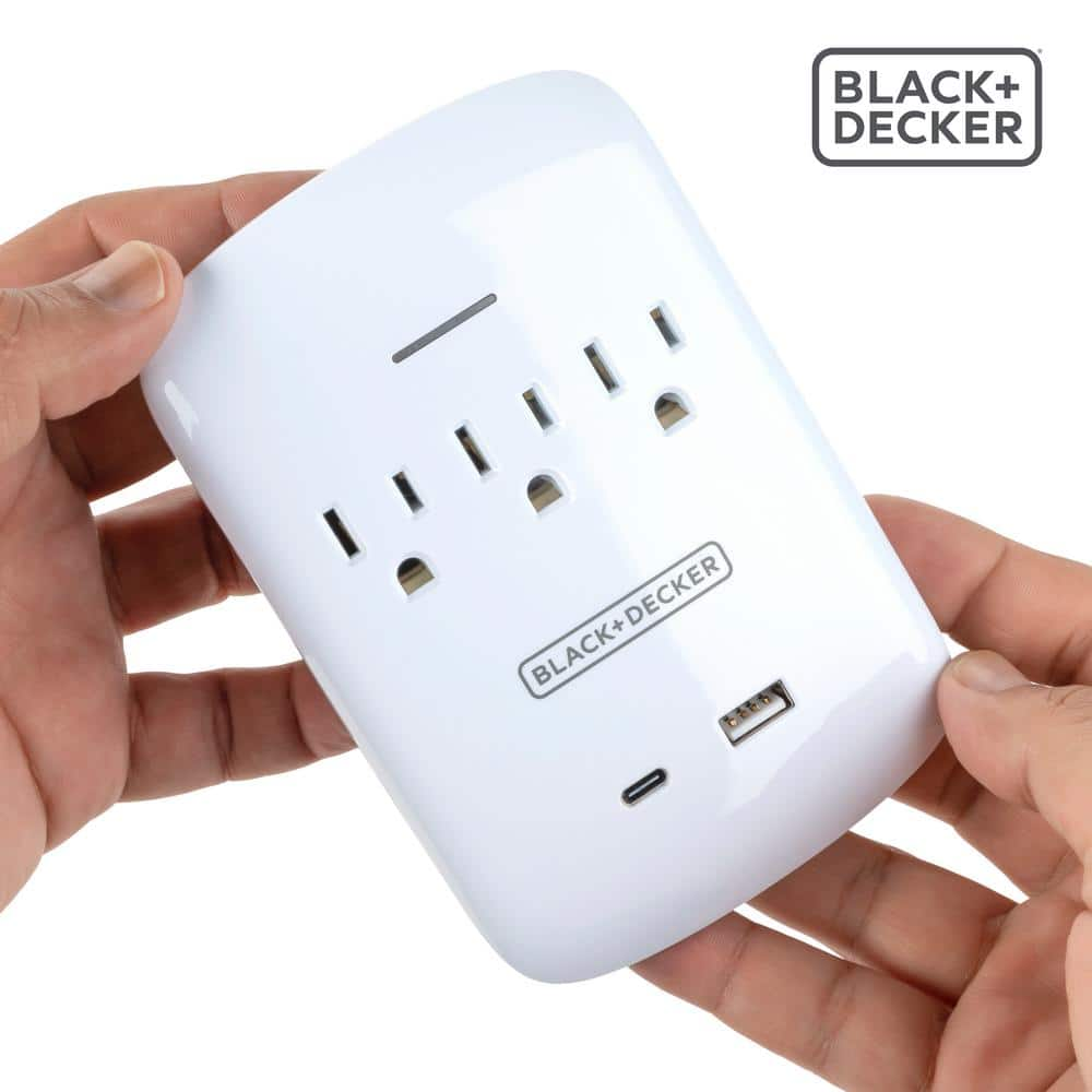 BLACK+DECKER 3 Grounded Outlets Surge Protector Wall Mount with 1 USB Charging Port, 1 USB-C Port BDXPA0042