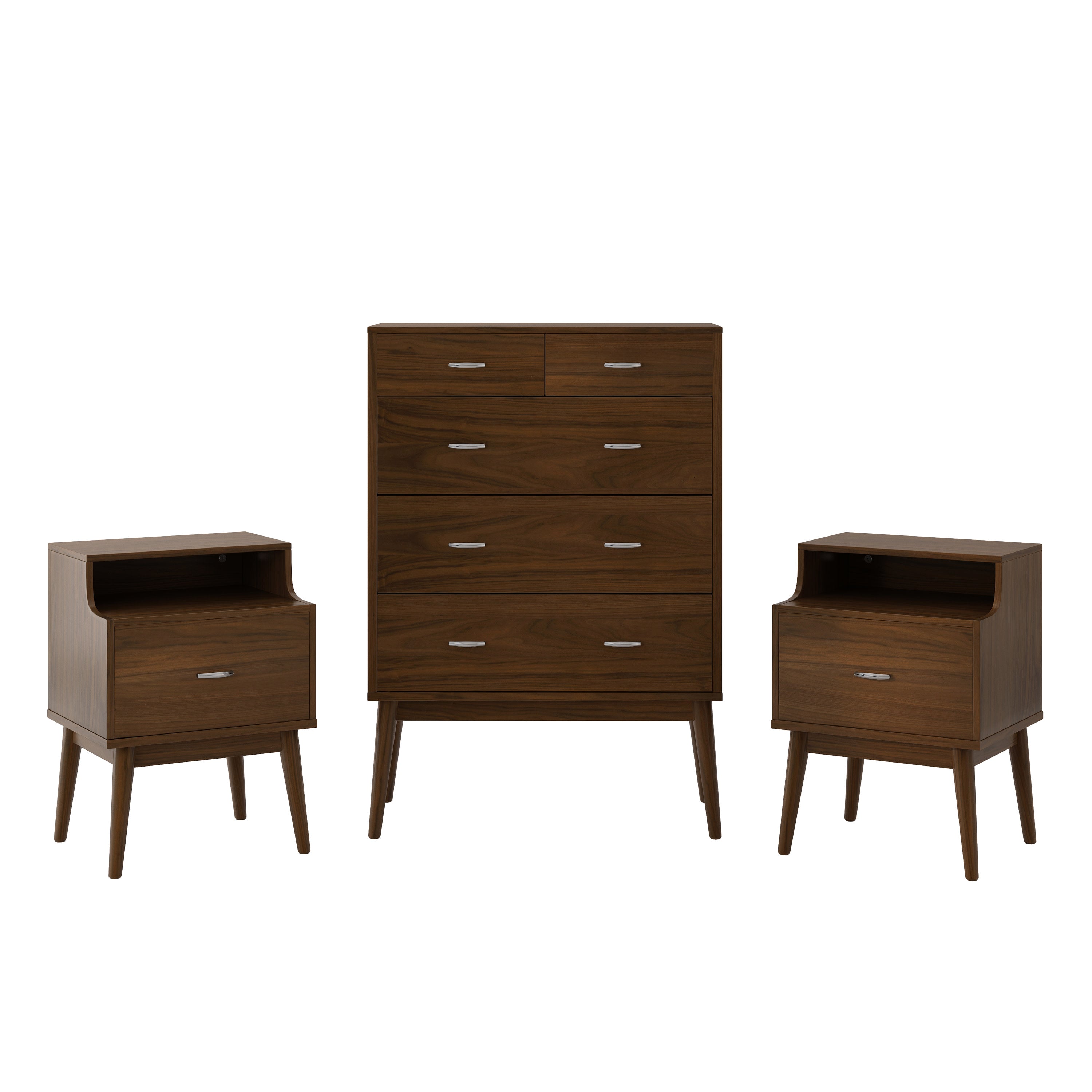 Wilbur Mid Century Wooden 3 Piece 5 Drawer Dresser and Nightstand Bedroom Set