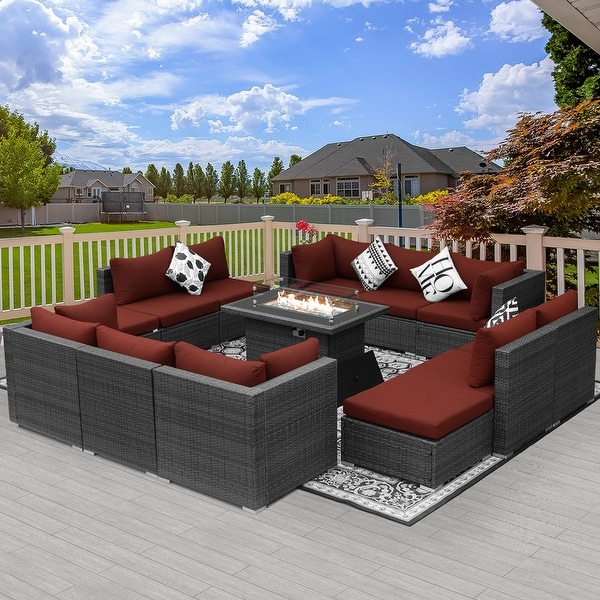 Nicesoul Outdoor Grey Wicker Sectional Furniture Patio Sofa Set with Firepit Table