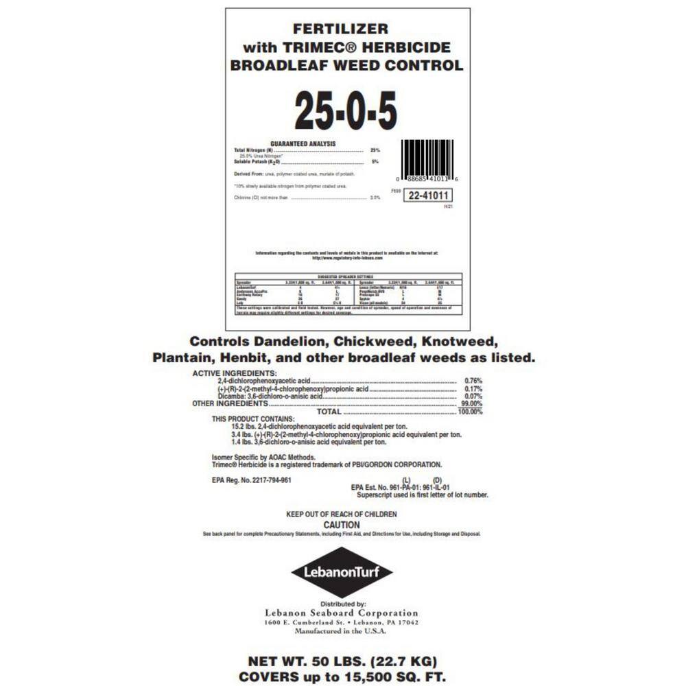 Lebanon Pro 50 lbs. Fertilizer with Trimec Herbicide Broadleaf Control 25-0-5 (45-Bags693000 sq. ft.Pallet) 2242229