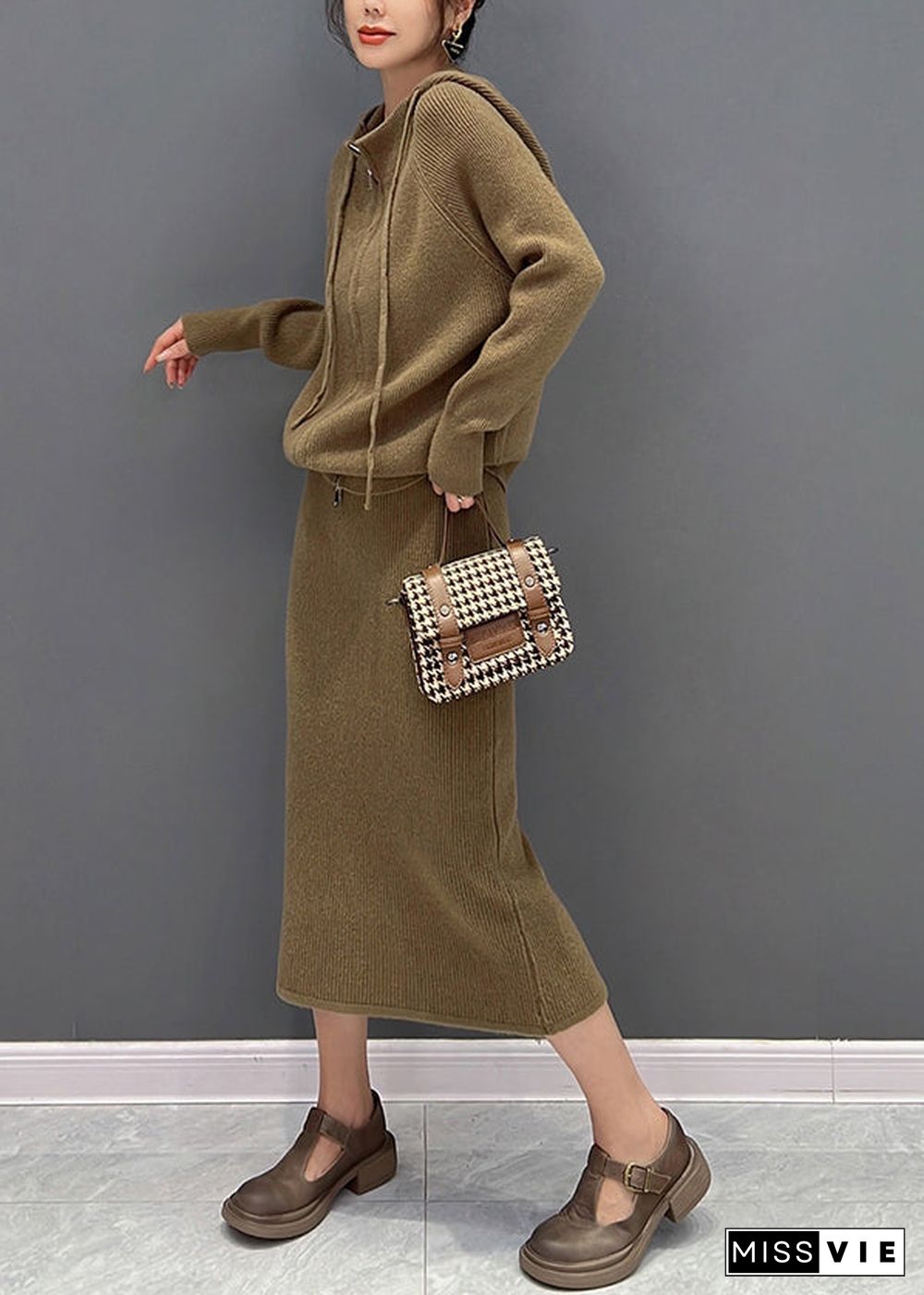 Casual Brown Zippered Hooded Knit Sweaters And Maxi Skirts Two Piece Set Winter