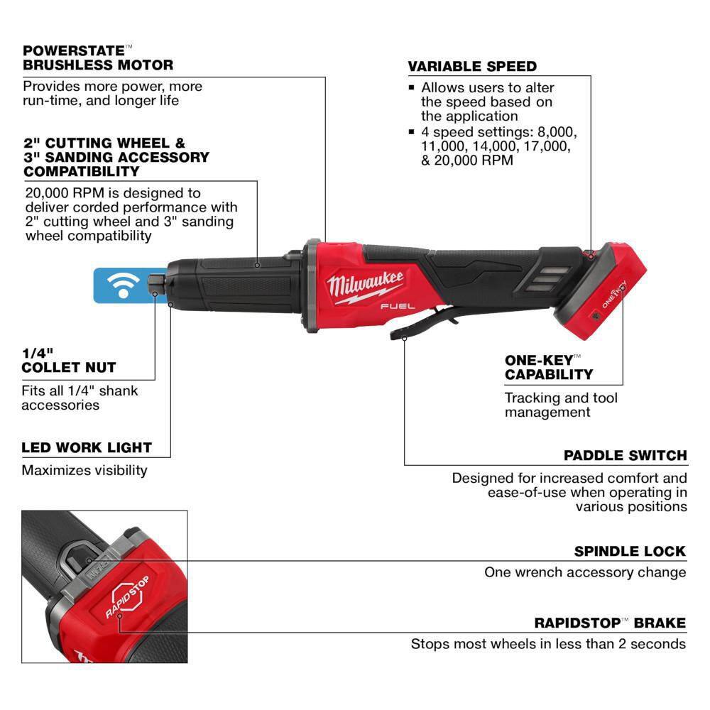 MW M18 FUEL 18-Volt Lithium Ion Brushless Cordless 2-3 in. Variable Speed Die Grinder Paddle Switch with 5.0Ah Starter Kit 2984-20-48-59-1850