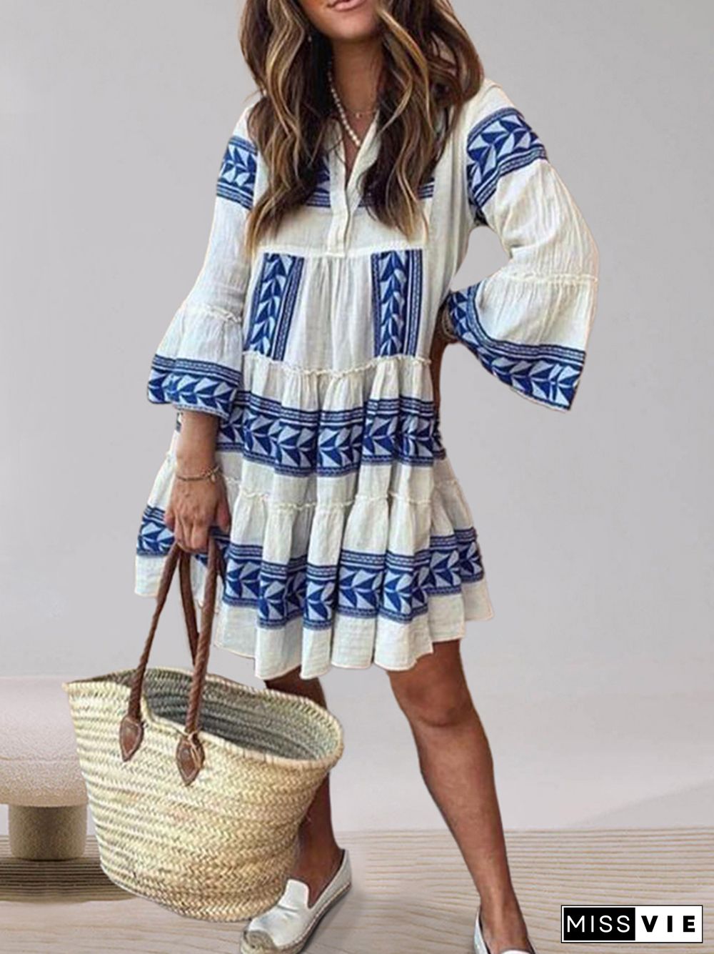 Boho Vacation V-neck Print Mini Dress