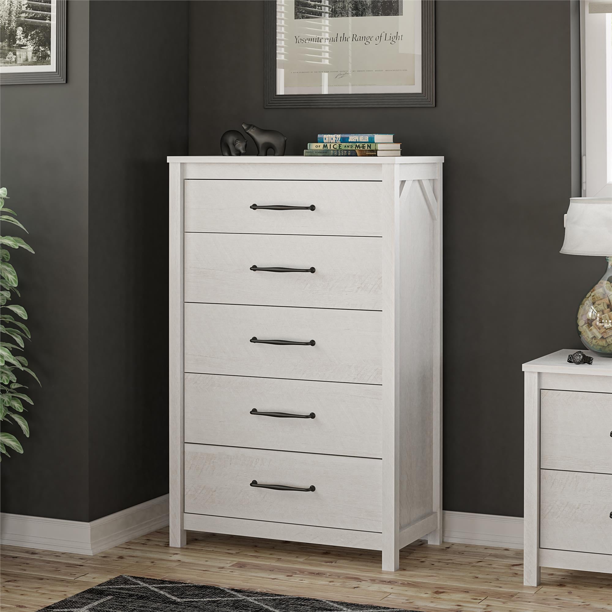 Ameriwood Home Abilene 5 Drawer Tall Dresser with Easy SwitchLock™ Assembly, Ivory Oak