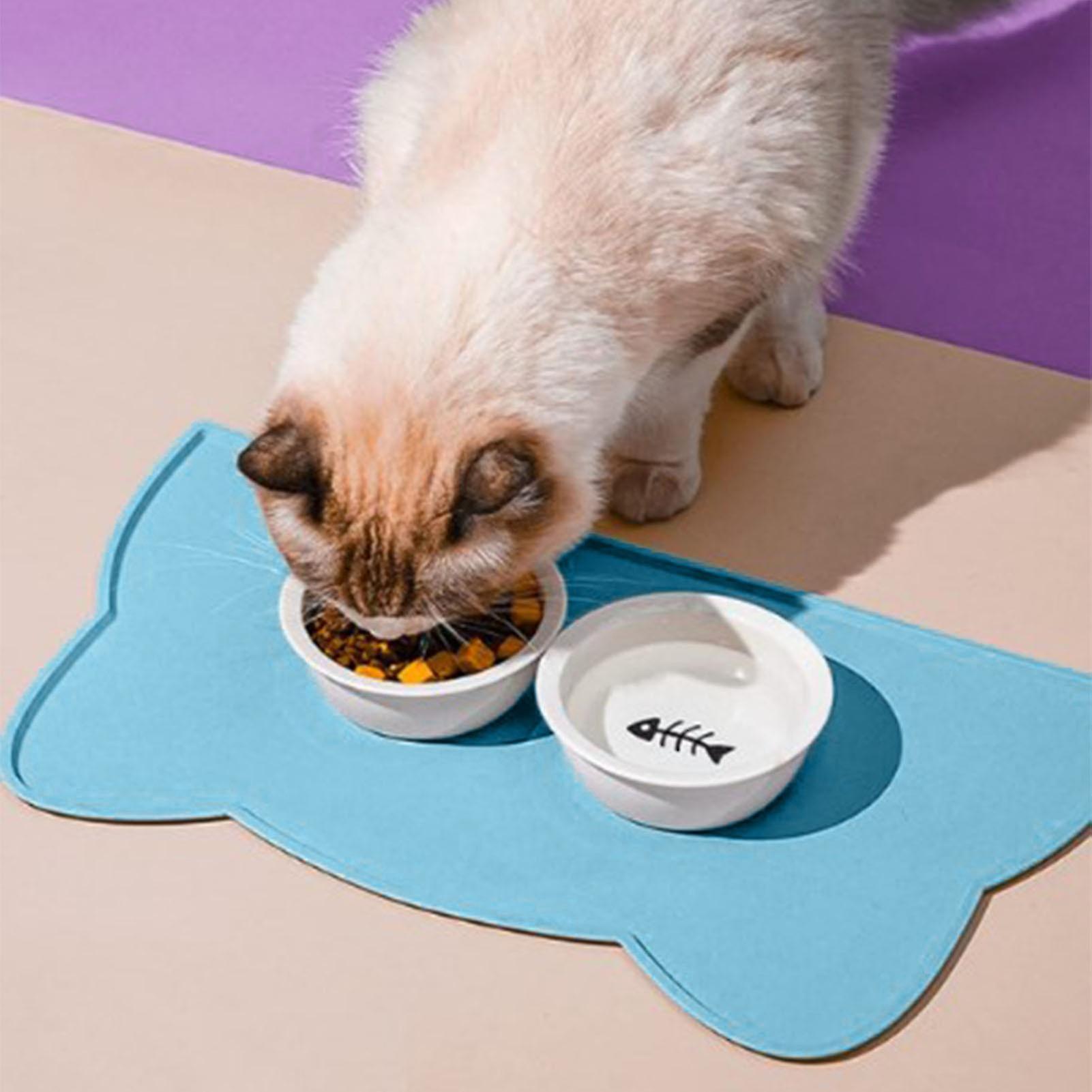 Cat Bowl Mat 17.3in Long 9.8in Wide Soft Anti Slip Silicone Spill Proof Pet Food Pad for Home Indoor Floor Blue