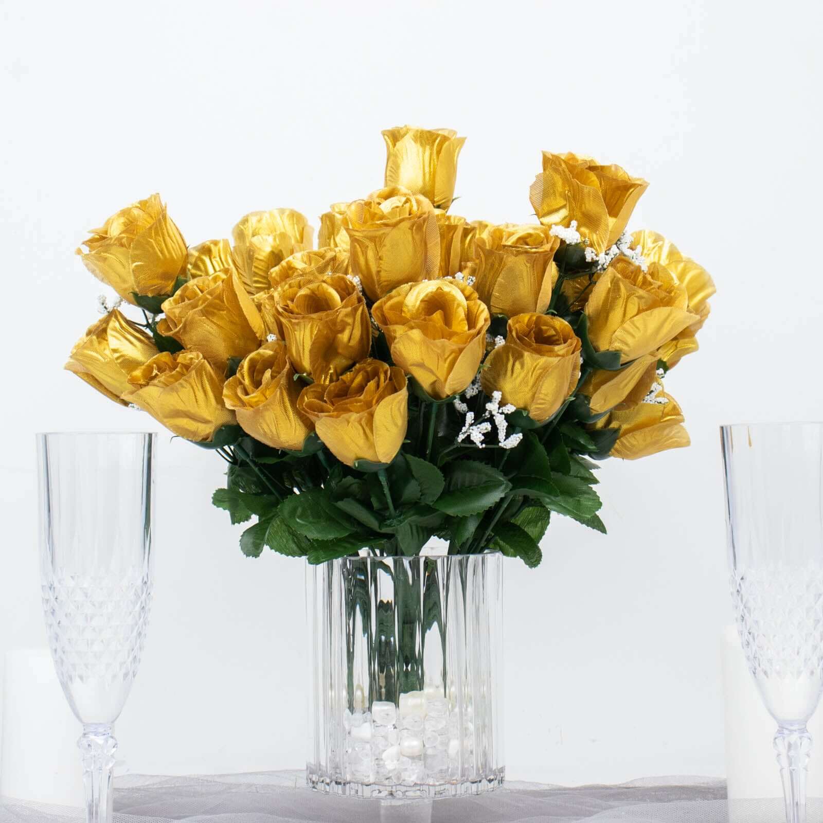 12 Bushes Gold Artificial Premium Silk Flower Rose Bud Bouquets