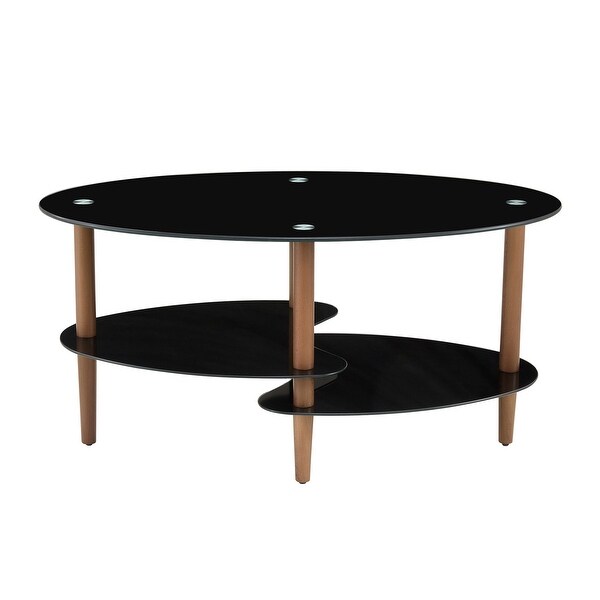 Black Oval Glass Coffee Table Wood Leg Tea Table 3 Layer Glass Table