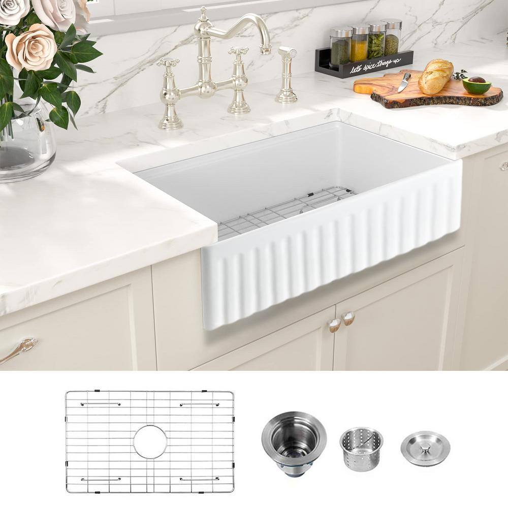 YASINU White Fireclay 33 in. x 20 in. Single Bowl Farmhouse Apron Kitchen Sink with Grid and Strainer YNCAS8280WH