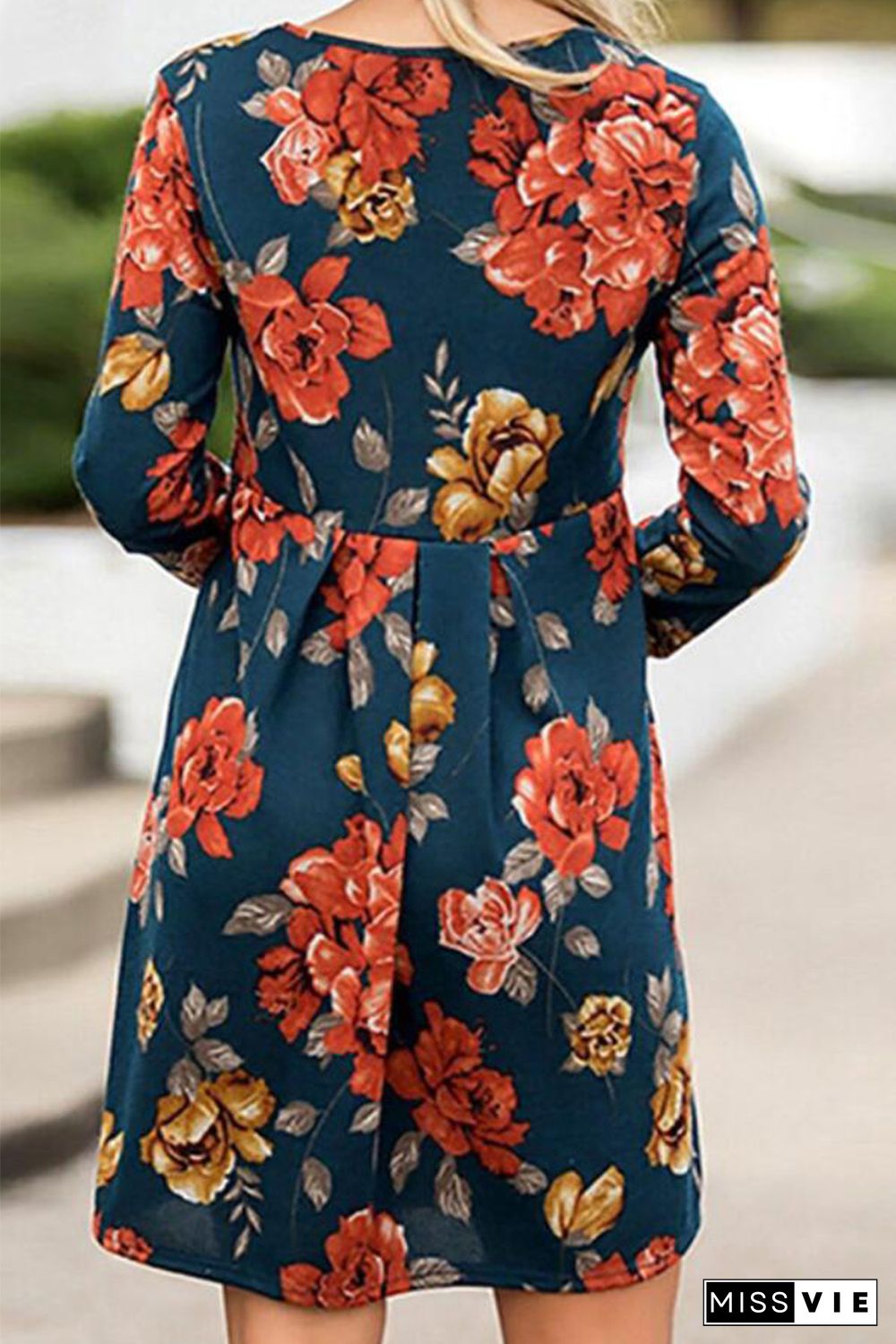 Blue Floral Pleated Long Sleeves Dress