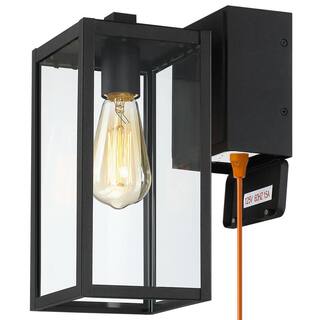 TRUE FINE Trevot 1-Light 12 in. Black Outdoor Wall Lantern Sconce with Built-In GFCI Outlets TD130001OT