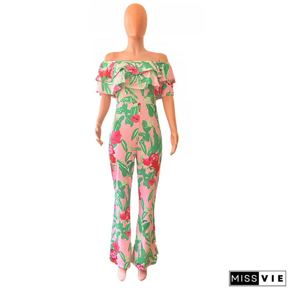 Sexy Off Shoulder Ruffles Floral Printed Wide-legs Jumpsuit