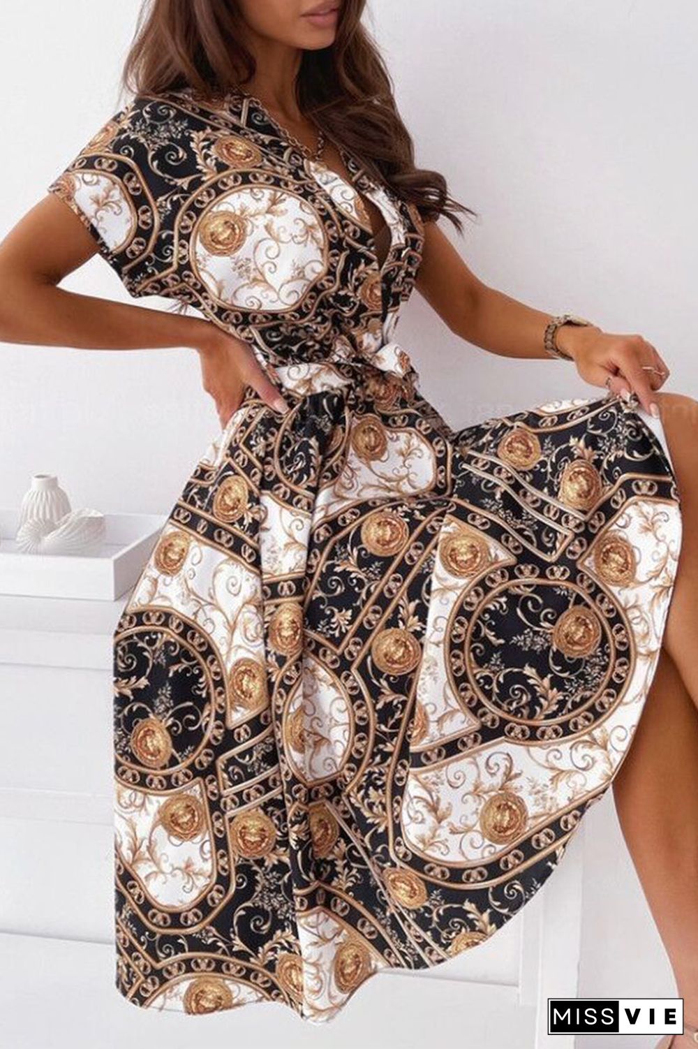 Celebrities Elegant Print Patchwork V Neck Shirt Dress Dresses