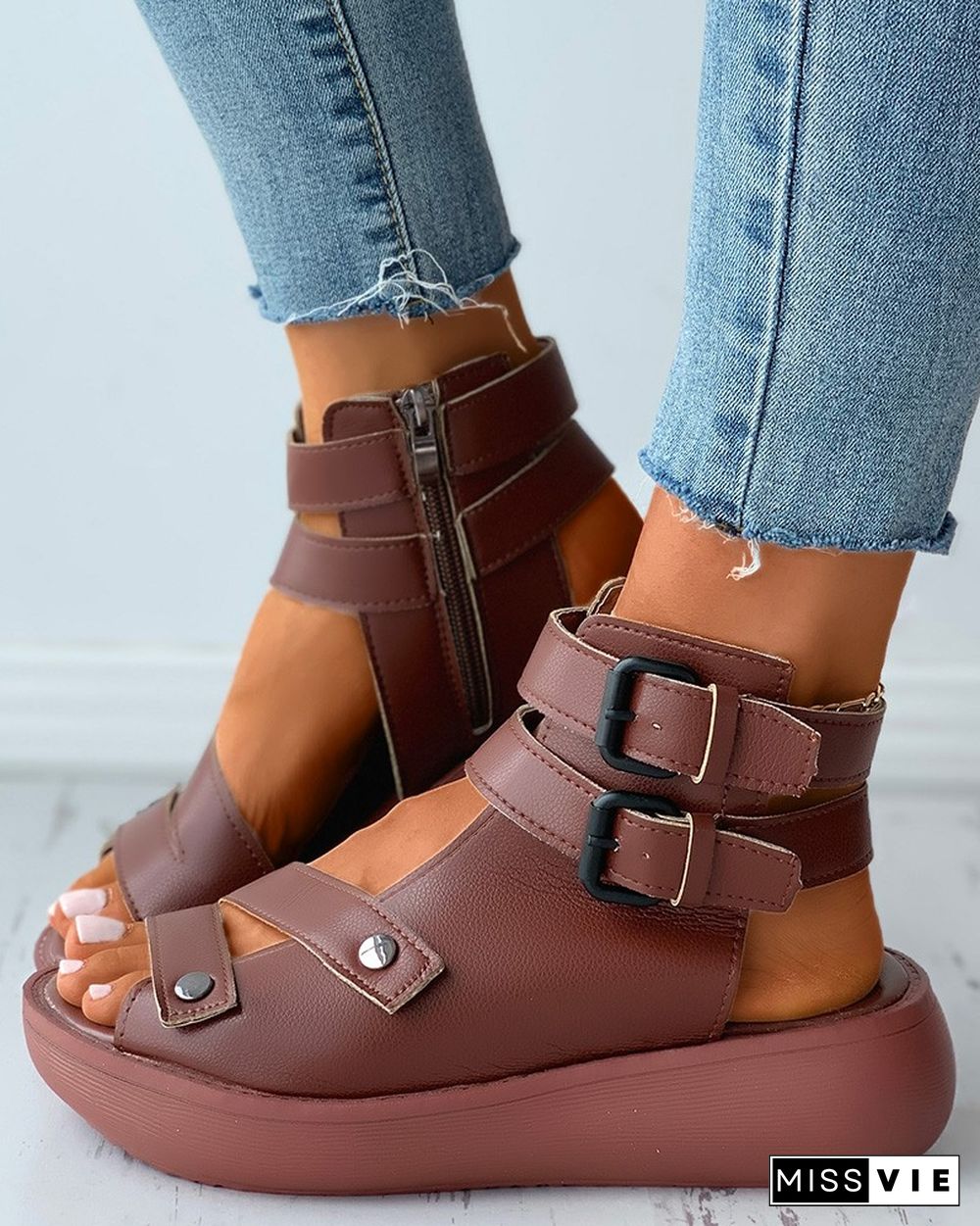 Double Strap Ankle Buckled Flat Sandals