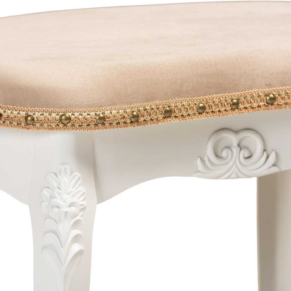 Giselle French Inspired Velvet Fabric Wooden Ottoman  White   Victorian   Footstools And Ottomans   by Urban Designs  Casa Cortes  Houzz