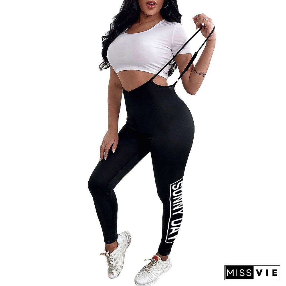 2Pcs Set Women Letter Print High Waist Suspender Skinny Sport Pants Solid Color White Round Neck Short Sleeve Lady Crop Top D30