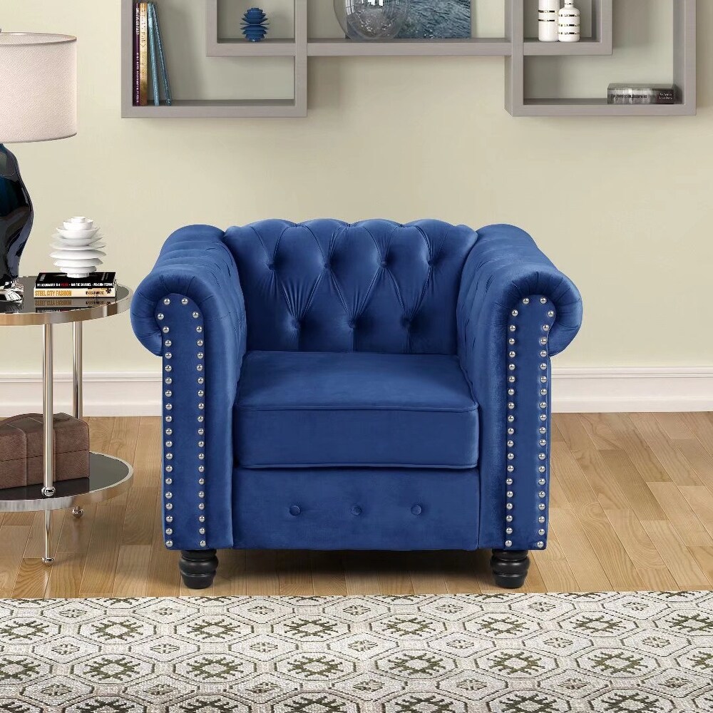 Morden Fort Classic Tufted Upholstered Chesterfield Chair  Loveseat 2 PCS for Living Room  Fabric  Velvet