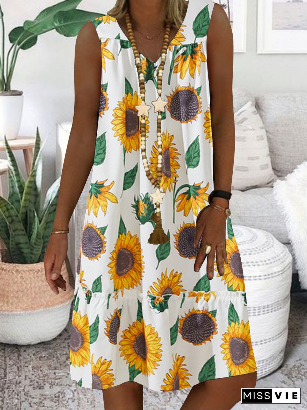 Women White Sleeveless V-neck Printed Midi Dress