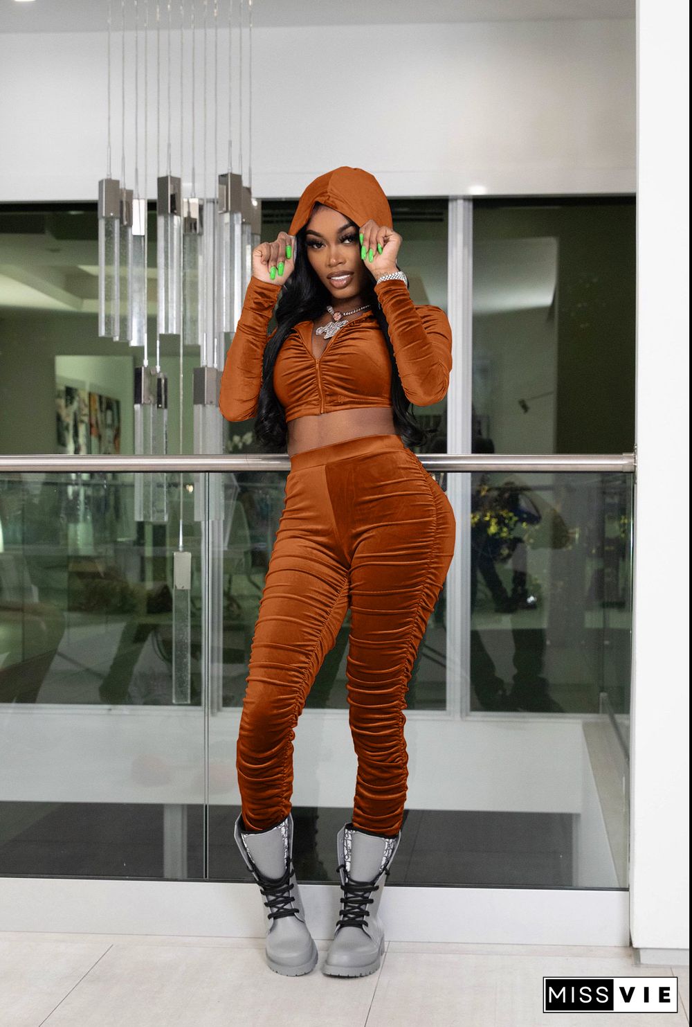 Velvet Zipper Hooded Jacket Crop Top Pants Set