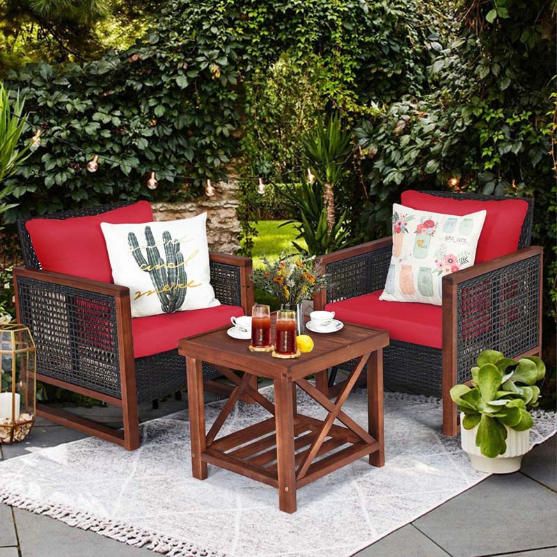 3 Pcs Rattan Patio Furniture Sofa Set Outdoor Conversation Bistro Set with Acacia Wooden Frame & Cushions