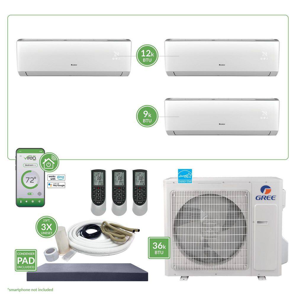 GREE Gen3 Smart Home Triple-Zone 34000 BTU 3 Ton Ductless Mini Split Air Conditioner  Heat Pump 25 ft. Install Kit 230-Volt MULTI36VIR310HP