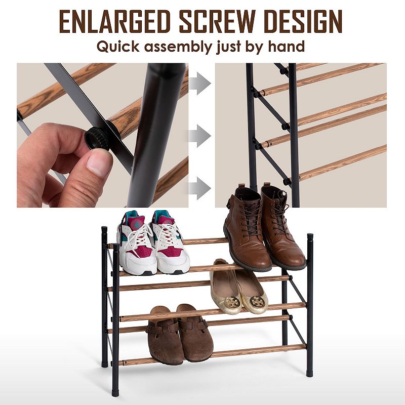 Juvale 3-Tier 18 Pair Shoe Rack Organizer for Entryway Closet Floor， 24-45 inch Expandable， Black and Oak Grain Metal