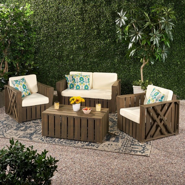 Cadence 4pc Acacia Wood Patio Chat Set With Cushions Gray Christopher Knight Home