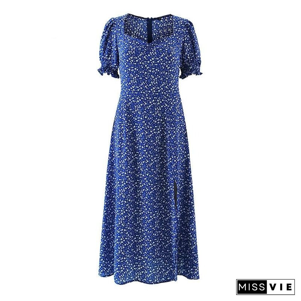 Sexy V-neck Split Summer Women Dress Fashion Blue Dot print Asymmetrical Midi Sundress Elegant Puff Sleeve Vestidos