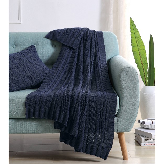 Home Dublin Cable Knit Throw Blanket Navy Vcny