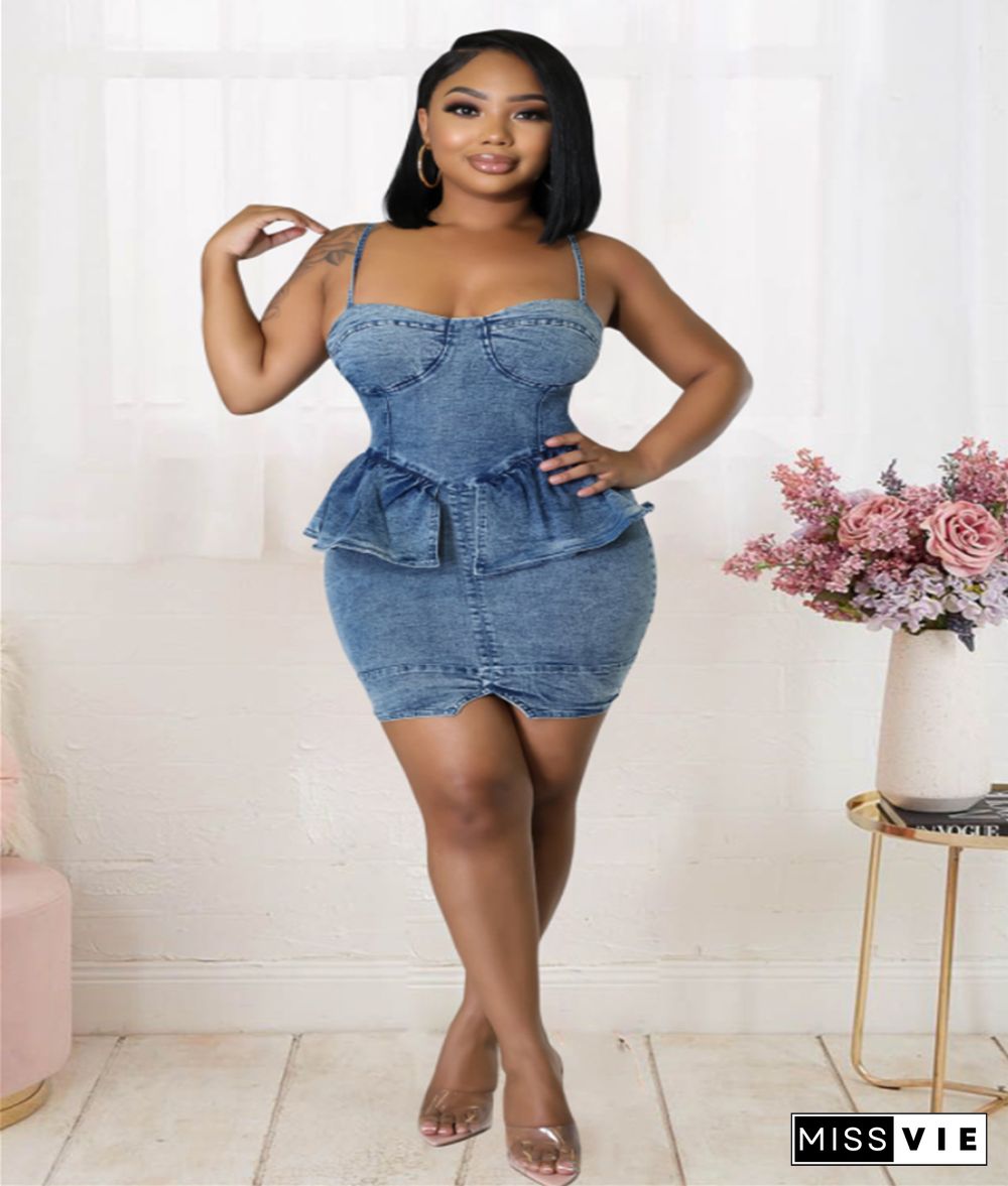 Ruffles Sexy Backless Bodycon Short Denim Dress