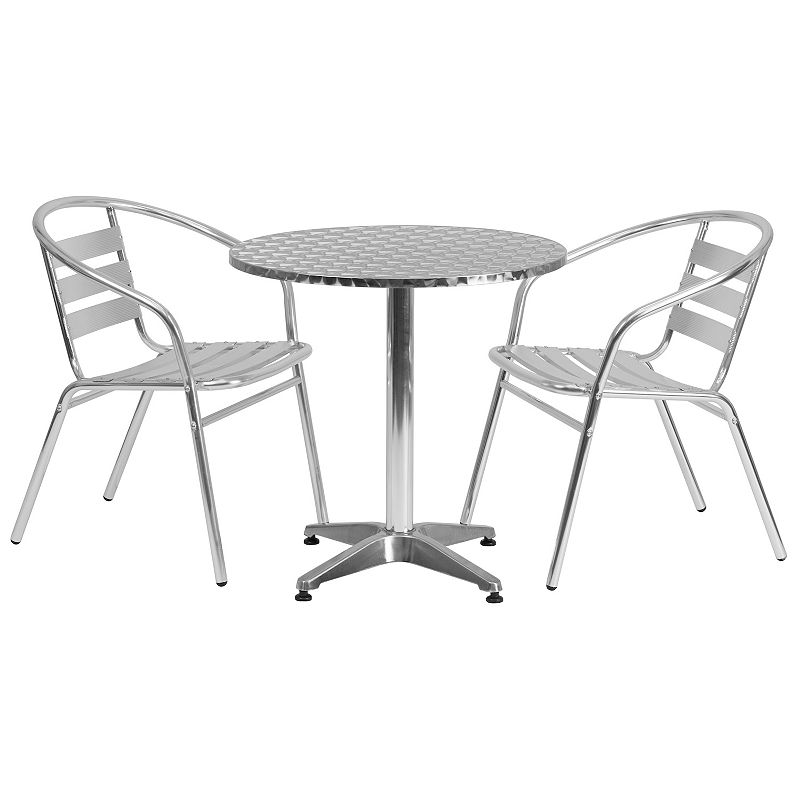 Emma and Oliver 27.5 Round Aluminum Table Set with 2 Slat Back Chairs