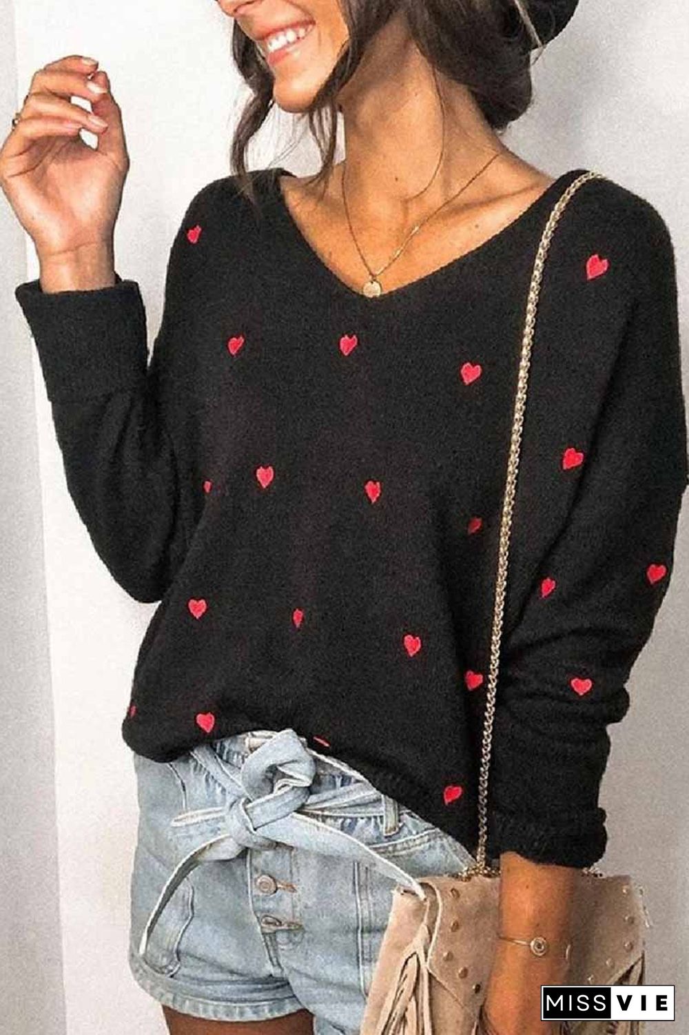 Loose V-Neck Heart-Shaped Knitted Sweater