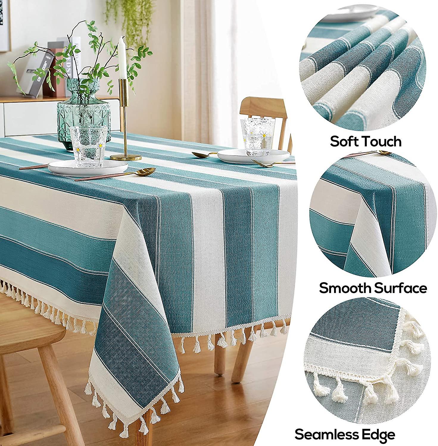 Striped Tassel Tablecloth Stitching Rectangle Table Cloth Cotton Linen Fabric Table Cover For Kitchen Dinning Tabletop 54 X 102 Inch Teal