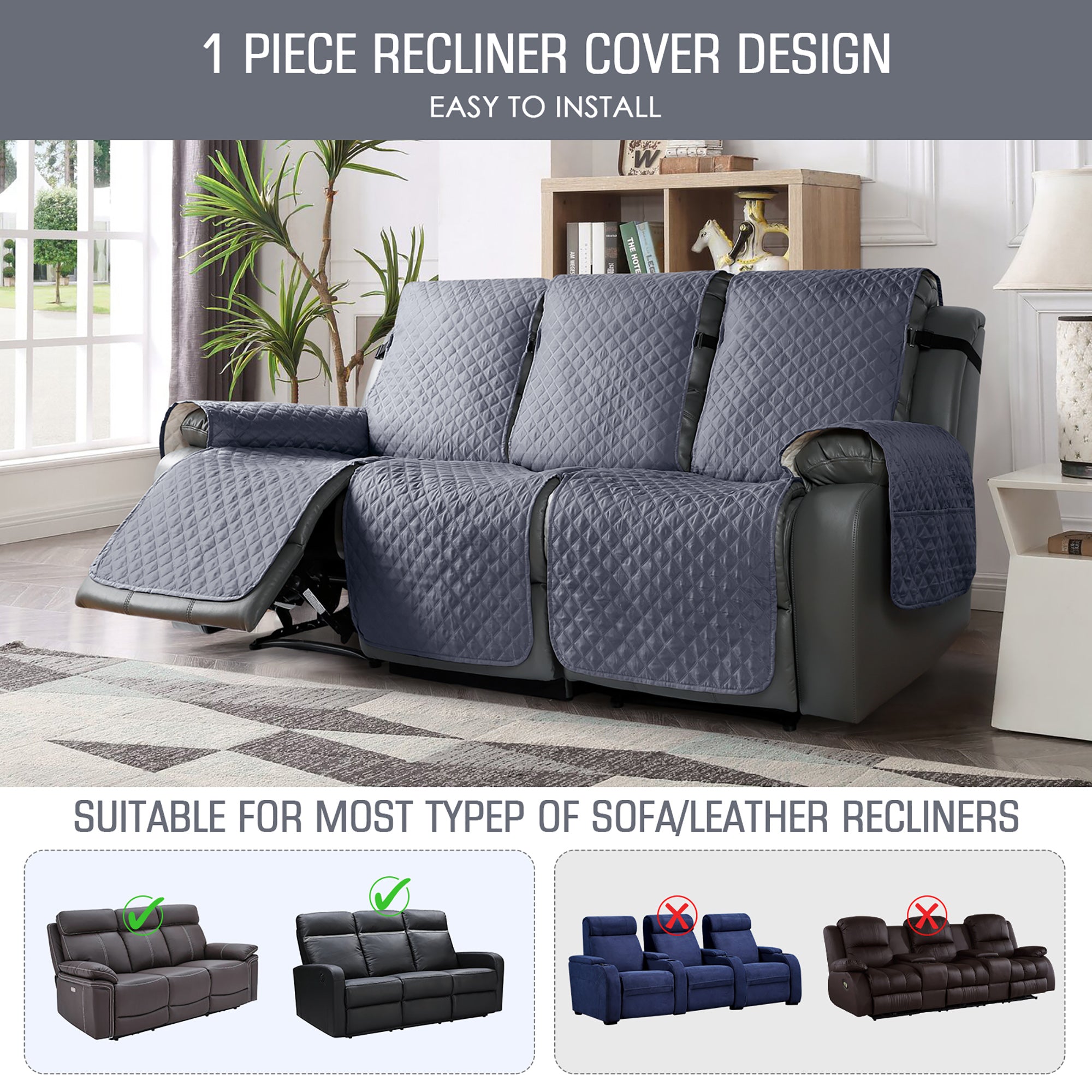 TAOCOCO Anti-Slip Recliner Sofa Cover,Reclining Couch Slipcover for 3-Seater Recliner Sofa Bluish Grey