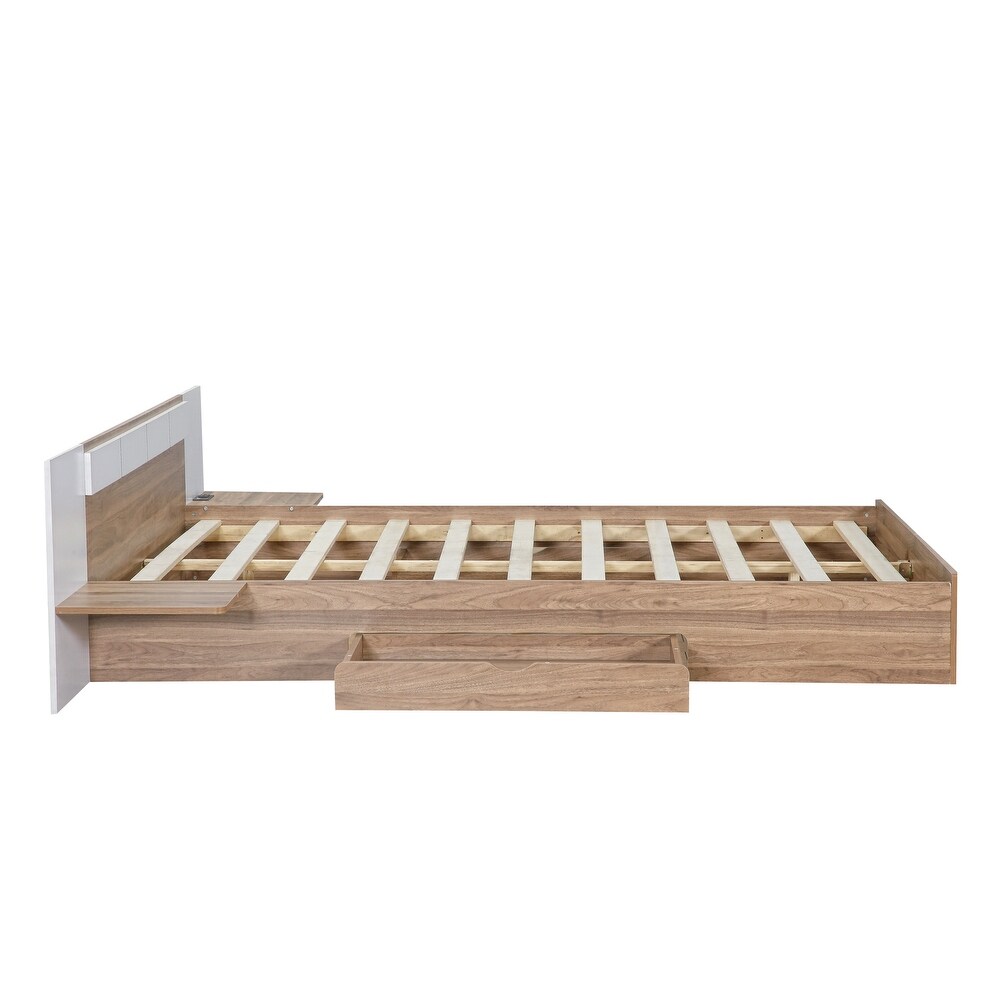 Queen Platform Bed with 2 Drawers  USB Ports   Sockets  Wooden Bed Frame with Extended Headboard   Storage Shelves for Bedroom