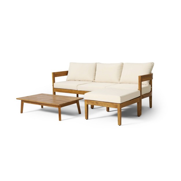 3pc Brooklyn Outdoor Acacia Wood 3 Set With Sofa amp Ottoman Teak beige Christopher Knight Home