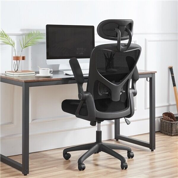 Mesh Office Chair with Folding Padded Armrests Adjustable Headrest High Back