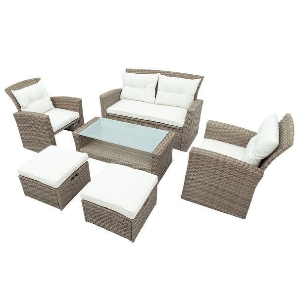 Patio Furniture Set，4 Piece Outdoor Conversation Set All Weather Wicker Sectional Sofa with Ottoman and Cushions for Garden Deck