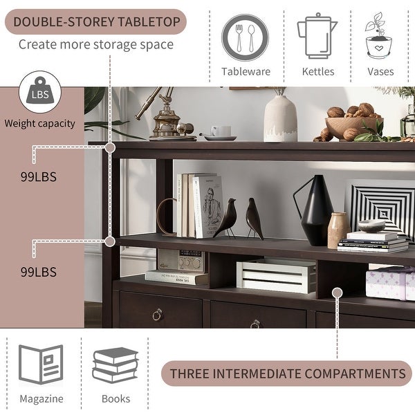 Solid Console Table Double-Storey Tabletop with 3 Drawers