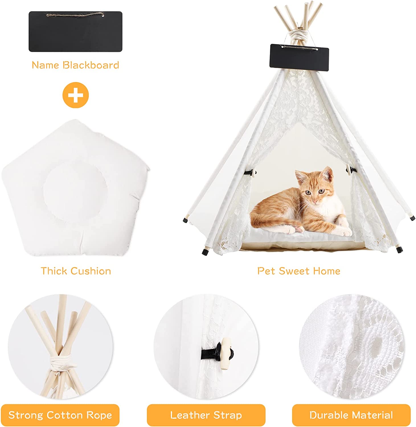 Cat Dog House with Cushion for Medium and Large Pet Outdoor Indoor Washable Foldable Portable Houses Lace Style Pet Teepee Tent m